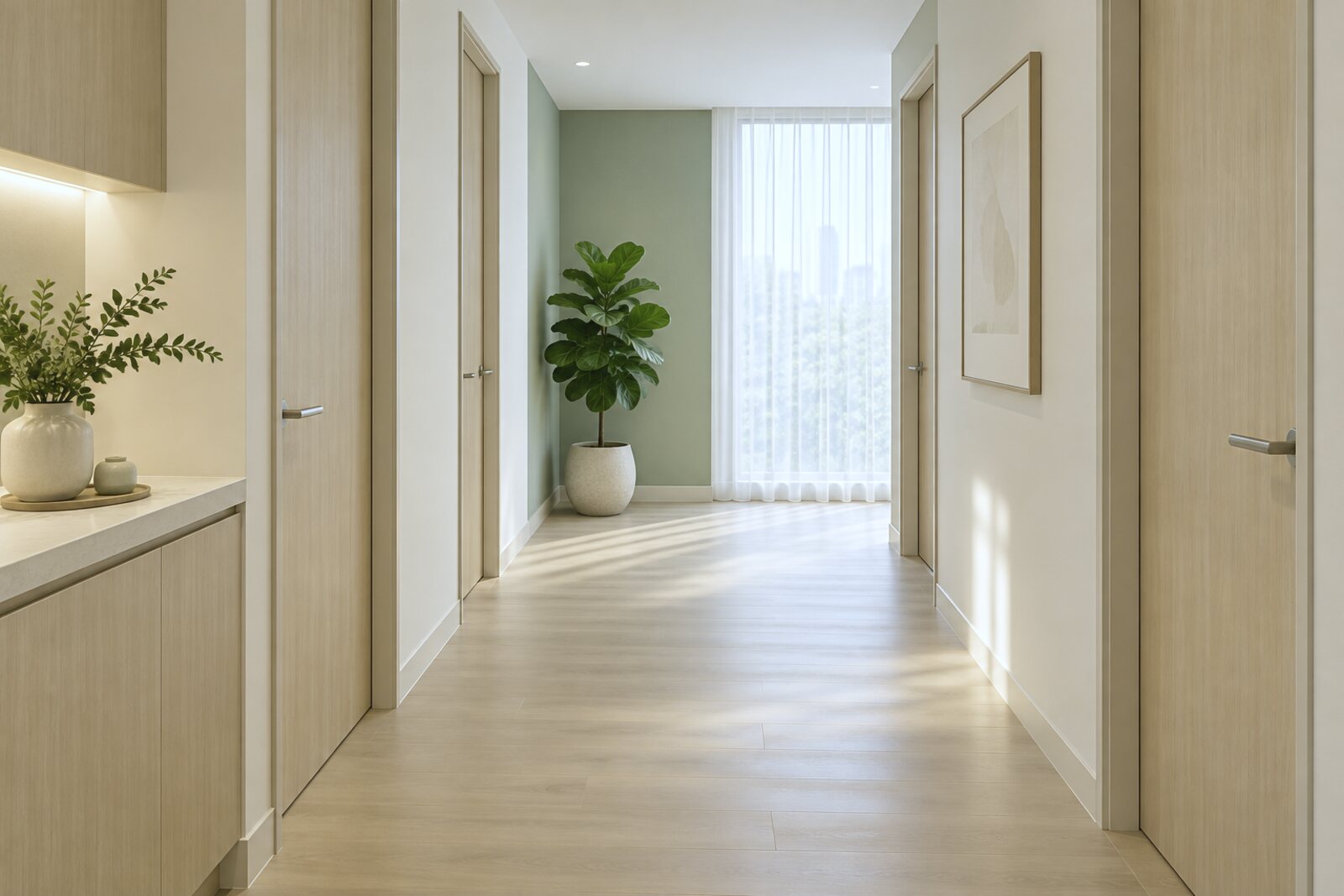 A quiet clinic corridor with pale oak doors