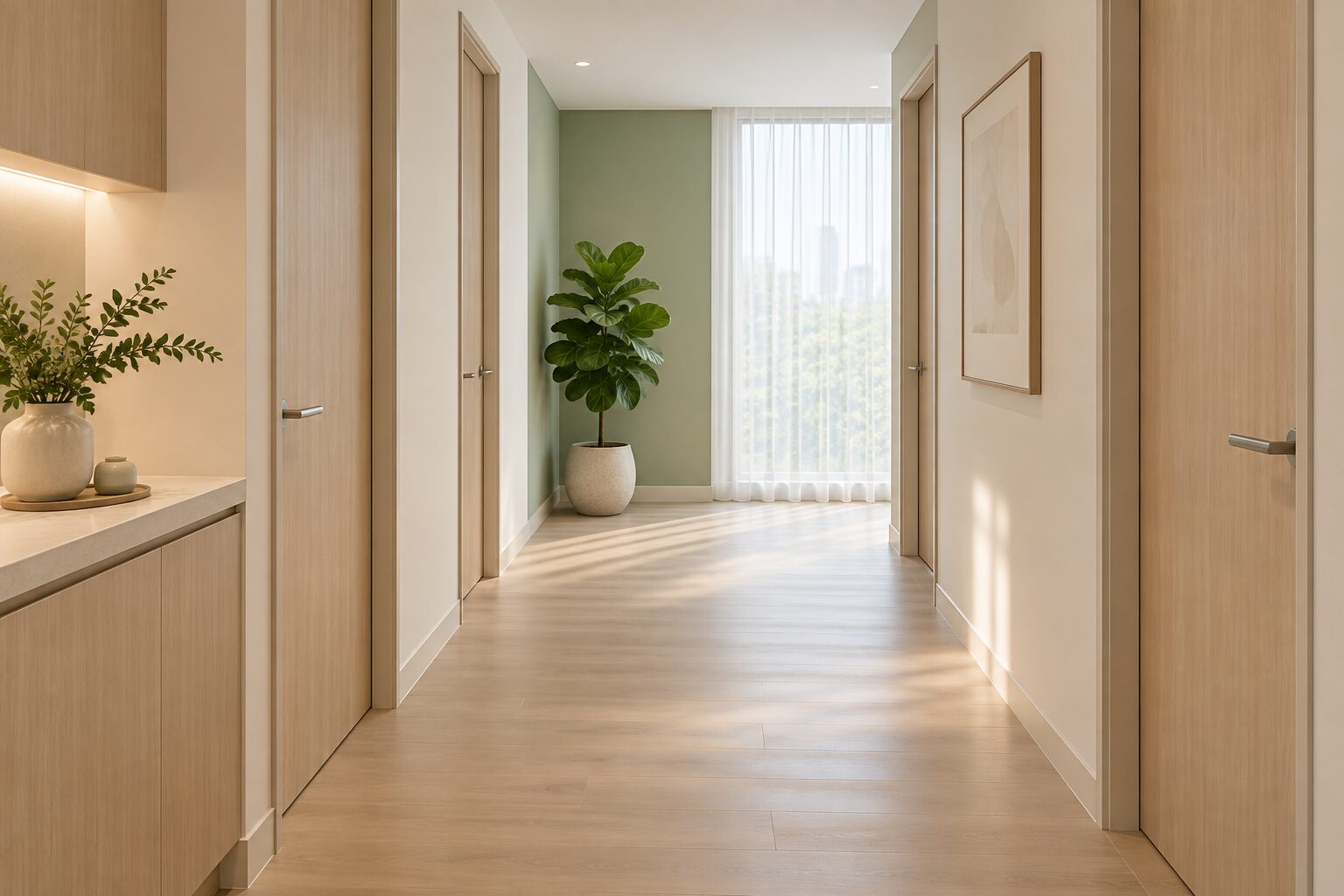 A quiet clinic corridor with pale oak doors