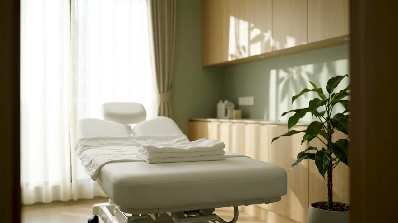 A quiet, sunlit consultation room with a sage-green wall and pale oak cabinetry