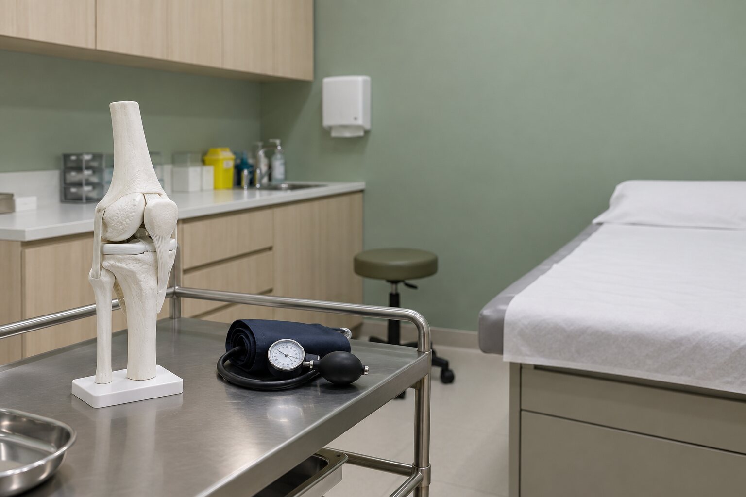 A white anatomical model of a knee joint on a clinical trolley