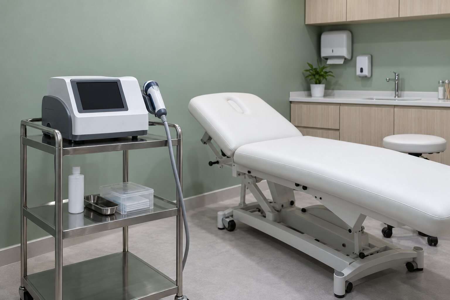 A shockwave therapy device on a stainless clinical trolley beside an examination couch