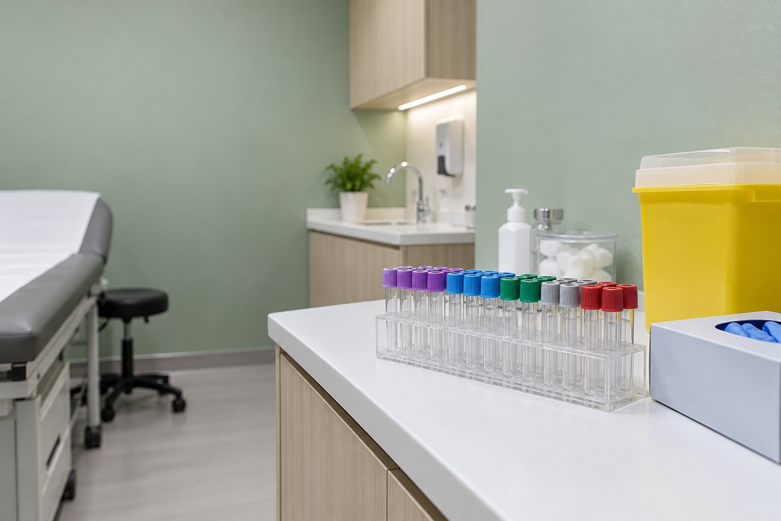 A rack of empty laboratory blood collection tubes on a white clinic countertop
