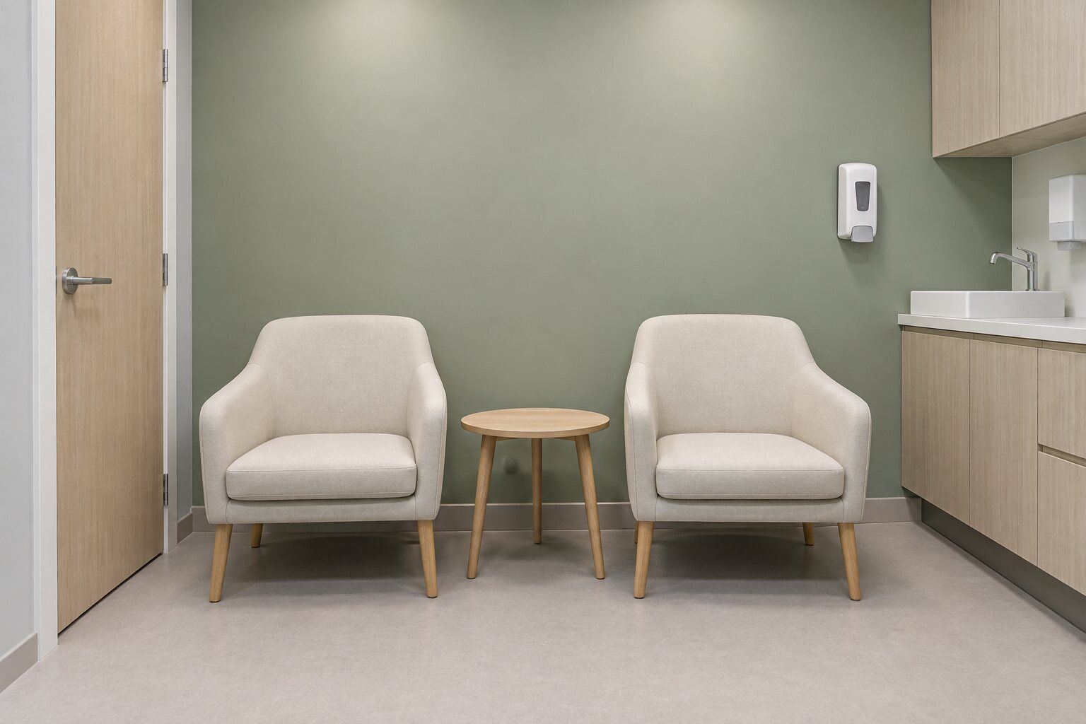 A small clinic waiting area with two cream armchairs and a pale oak side table